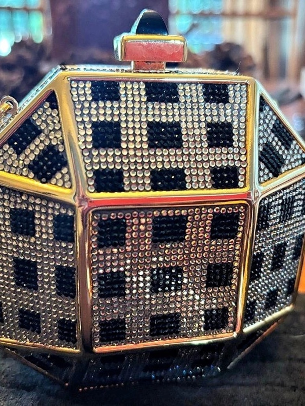Judith Leiber Diamond Black Crystal Minaudiere Clutch in Black & Gold